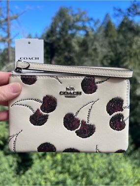 COACH Corner Zip Wristlet With Sequin Cherry Print NWT AUTHENTIC